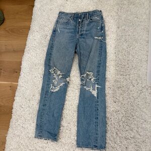 Agolde Light Blue Distressed Straight-Leg Jeans